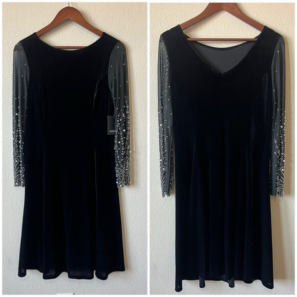 Marina Black Velvet A-Line Dress Sz M Mesh Pearl Beaded Sleeves Elegant Formal - Picture 7 of 10